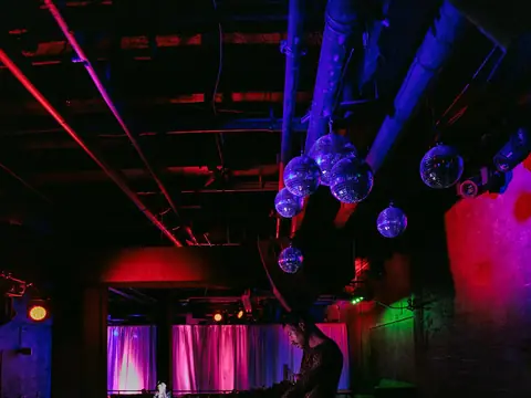 Steel catwalk, lighting rig and club room inside The Catwalk Club, a former bank boiler room (Fri 18 February)