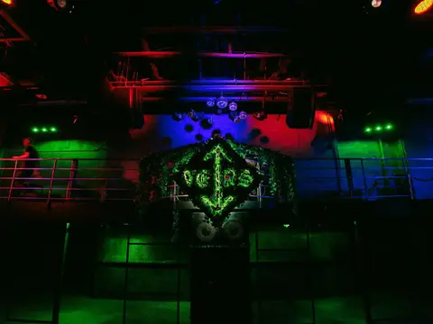 Steel catwalk, lighting rig and club room inside The Catwalk Club, a former bank boiler room (Fri 18 February)