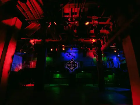 Steel catwalk, lighting rig and club room inside The Catwalk Club, a former bank boiler room (Fri 18 February)