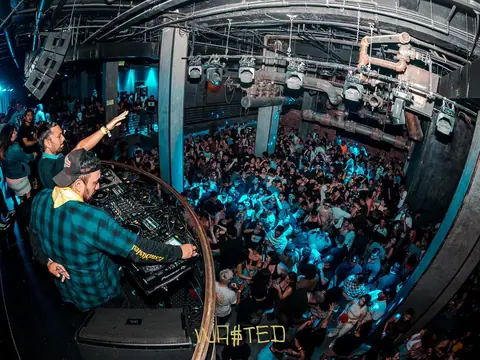 DJ performing in the booth above the crowd at The Catwalk Club, Downtown LA (Fri 17 June)