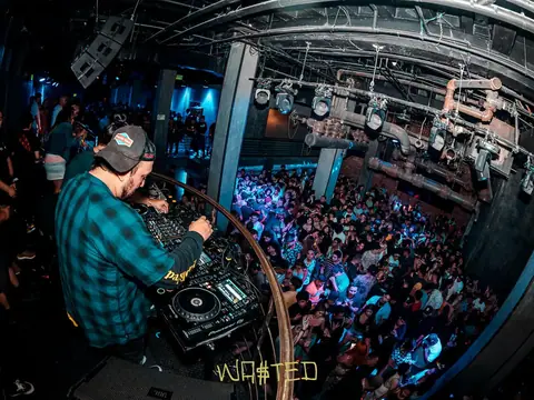 DJ performing in the booth above the crowd at The Catwalk Club, Downtown LA (Fri 17 June)
