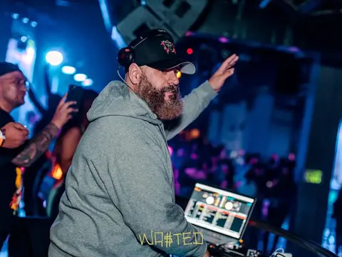 DJ performing in the booth above the crowd at The Catwalk Club, Downtown LA (Fri 17 June)