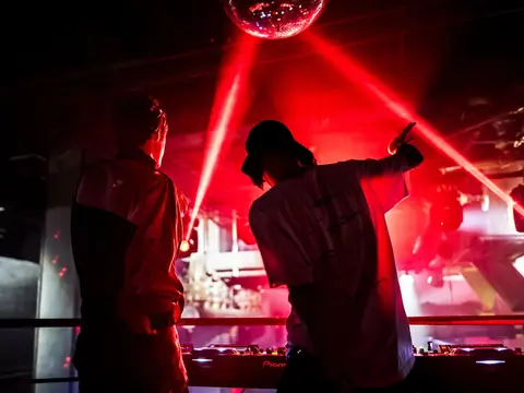 DJ performing in the booth above the crowd at The Catwalk Club, Downtown LA (Fri 22 October)