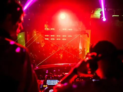 DJ performing in the booth above the crowd at The Catwalk Club, Downtown LA (Fri 22 October)